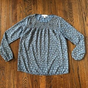 Michael Kors Women’s S Blue Smocked Semi-Sheer Gold Leaves Long-Sleeved Blouse